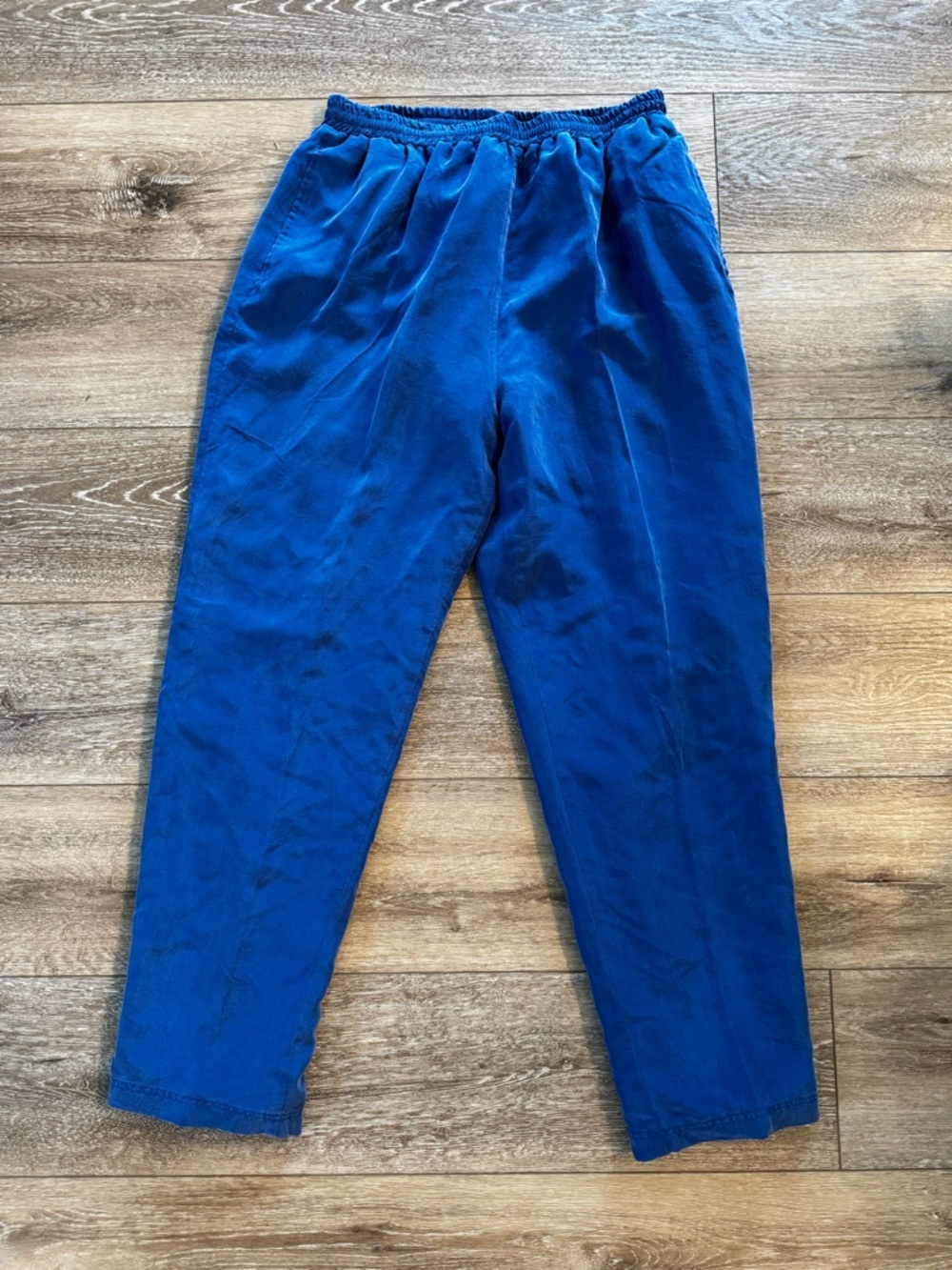 Vintage 100% Silk Cobalt Blue Drawstring Pants Women’s L Elastic Waist Pockets